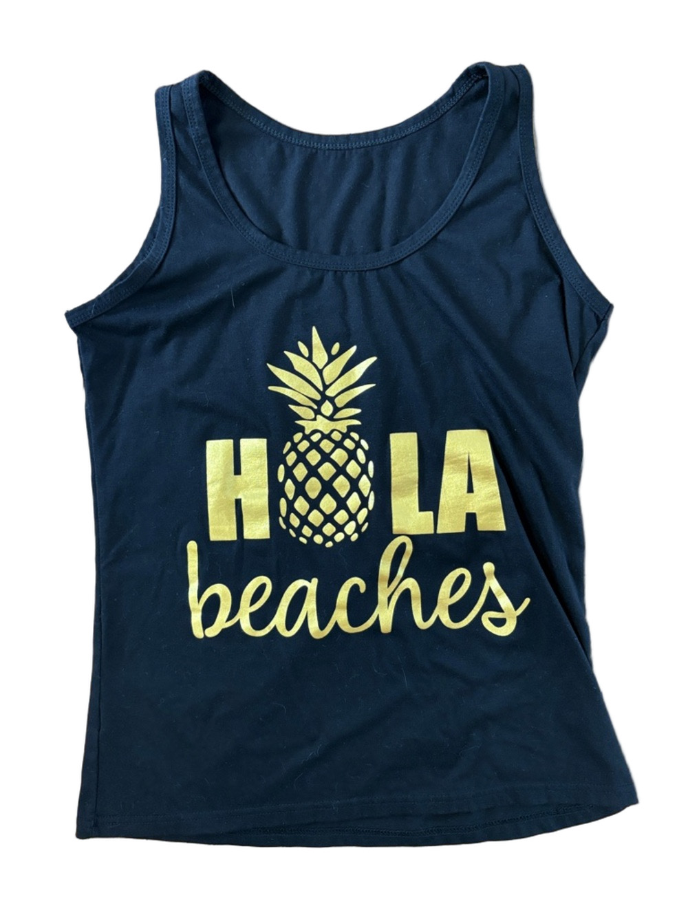 Vacation Summer Hola Beaches Black Sleeveless Tank Top Size Small Oversized